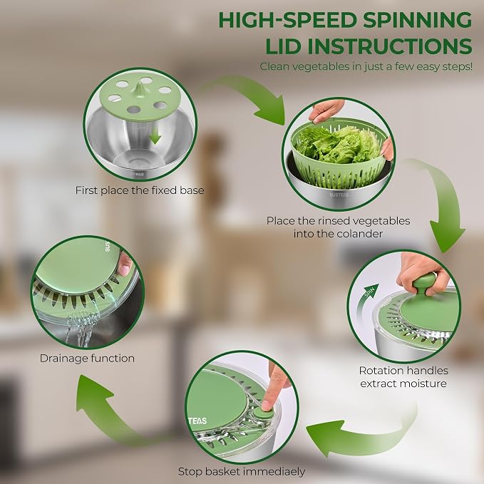 SUSTEAS Stainless Steel Salad Spinner, Lettuce Spinner with 5 Blade Slicer | Vegetables Wash Bowl, Fruits & Herb Lettuce Dryer with Egg Yolk Strainer for Efficient Salad Preparation and Food Washing