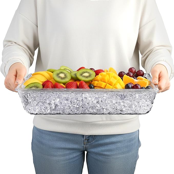2 Pack Ice Chilled Serving Tray, Plastic Chilled Party Platter for Fruit, Veggie Trays Large Removable Serving Tray for Cold Dish, Ideal for Appetizers, Seafood, Desserts, Charcuterie Board