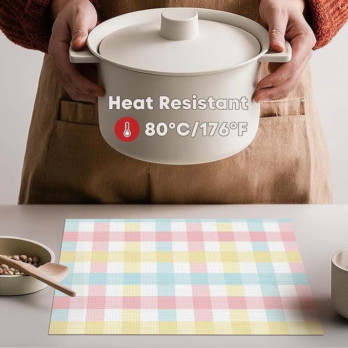 Artoid Mode Buffalo Plaid Vinyl Easter Placemats Set of 4, 12x18 Inch Washable Non-Slip Heat Resistant Plastic Place Mats for Party Dining Table, Pink/Blue