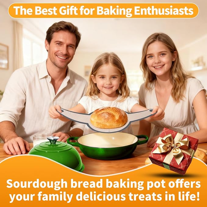 6QT Enameled Cast Iron Green Dutch Oven For Sourdough Bread Baking | Dutch Oven Pot With Lid,Non-stick Sourdough Baking Pan with Bread Dome,Round Ceramic Dutch Oven Pot for Homemade