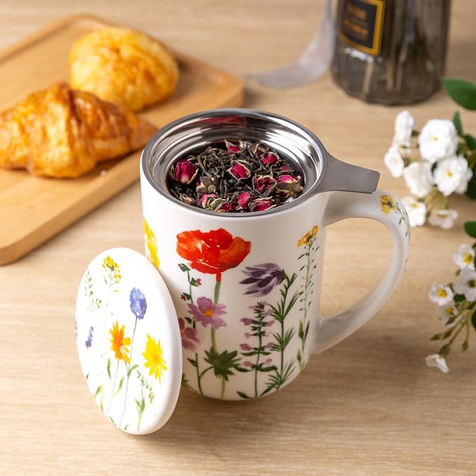 AmorArc Tea Cup With Infuser and Lid, 18oz Loose Leaf Tea Mug With Steeper | Porcelain Tea Mug With Infuser and Lid, Large Strainer Tea Cup with Lid for Tea, Coffee Mug for House-warming Birthday Gift