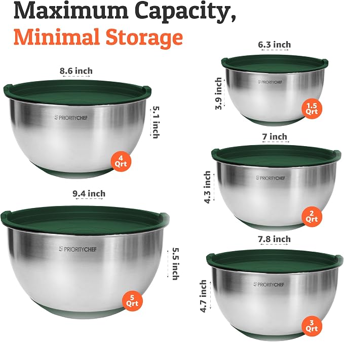 Premium Mixing Bowls With Airtight Lids Set, Thicker Stainless Steel Mixing Bowl Set, Large Prep Metal Bowls with Lids, Nesting Bowls for Kitchen, 1.5/2/3/4/5 Qrt, Green