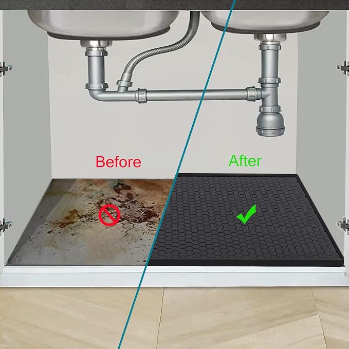 Under Sink Mat 31 x 22, Silicone Under Sink Liner for Kitchen Waterproof Bathroom Cabinet Mat, Black