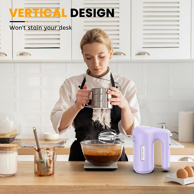 Lord Eagle 5-Speed Hand Mixer Electric With 4 Mixing Bowls Set | 300W Lightweight Kitchen Handheld Mixer with Measuring Cups & Spoons, Stainless Steel Bowls, Baking Supplies for Cake, Purple