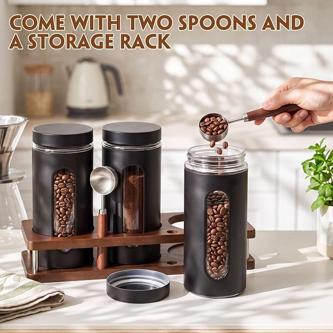 Stainless Steel Coffee Grounds Canisters Container with Shelf | 3 x 50oz, Sugar Coffee Bean Storage Container Set, Airtight Threaded Lid, Glass Window, Scoop, Kitchen Jar for Coffee Bar