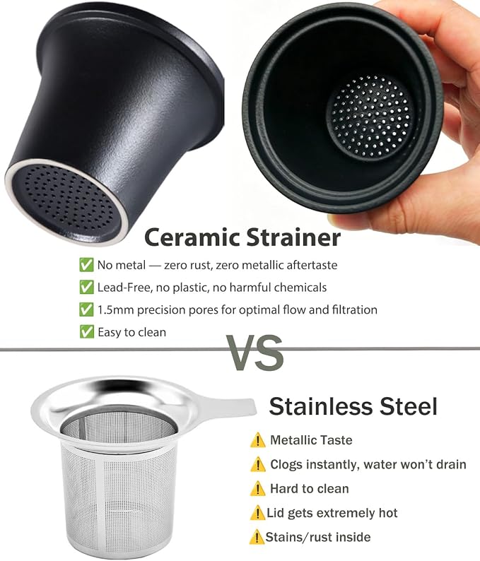 15 oz Ceramic Tea Infuser Cup with Lid - Tea Mug with All Porcelain Strainer for Loose Leaf Teas,Microwave and Dishwasher Safe,Metal-Free,BPA-Free for Tea Lovers/Birthday (Black)