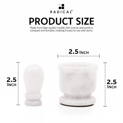 Radicaln Marble Mortar and Pestle Set Small Spice Grinder & Herb Grinder | Handmade White Marble, 2.5 Inches, Garlic Crusher, Pill Crusher, Kitchen Counter Decor, Gift Ready