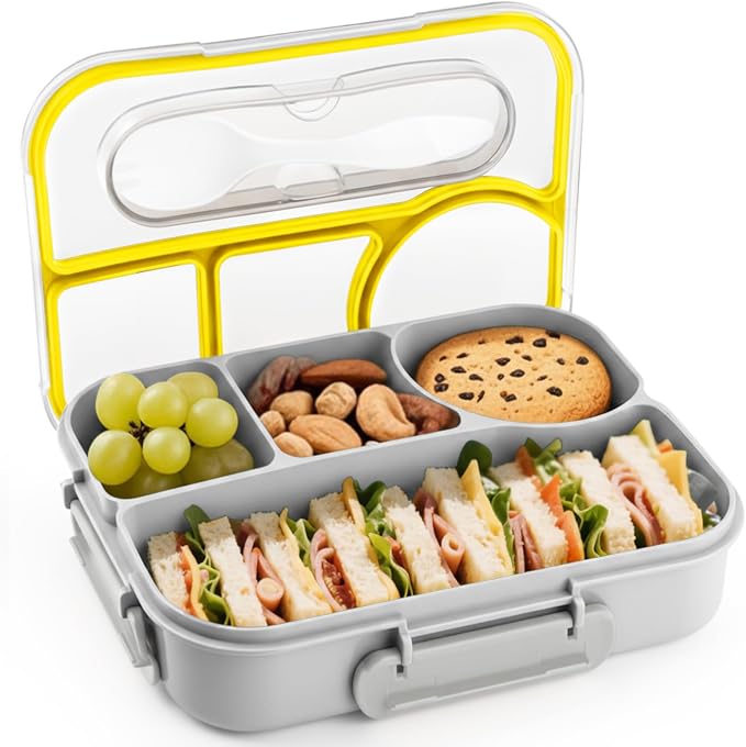 EASYFUN Bento Box Adult, Lunch Box, 4-Compartment Lunch Containers, Drop-Proof, Dishwasher Safe & Made with BPA-Free Materials (Grey)