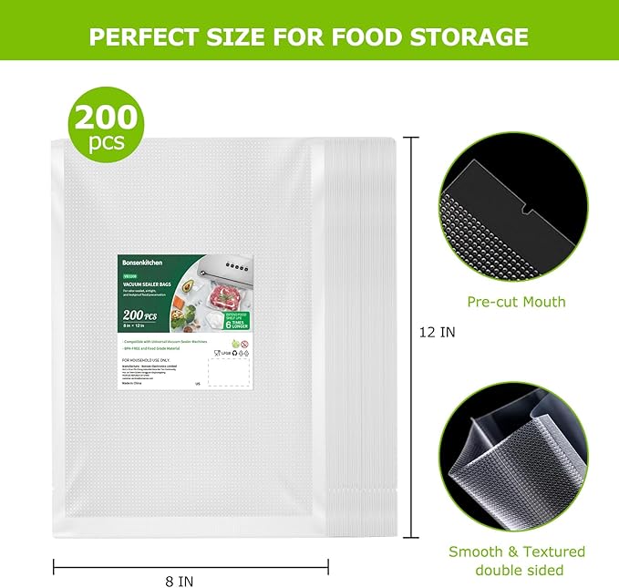 Bonsenkitchen Precut Vacuum Sealer Bags 200 Quart 8" x 12", BPA Free | Commercial Grade Textured Food Vacuum Sealer Bag, Thick Embossed Bags for Storage and Sous Vide Cooking, VB3208