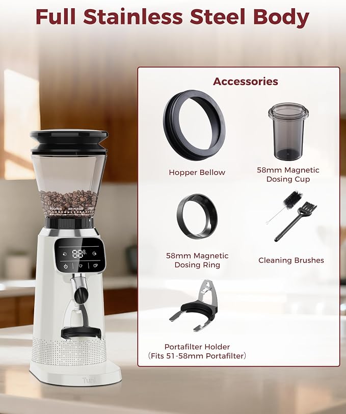 Tuni G2 Conical Burr Coffee Grinder with 70 Grind Settings, Ivory | Anti-static Burr Mill, Precision Electronic Timer and LED Touchscreen for Espresso/Drip/Cold Brew/French Press