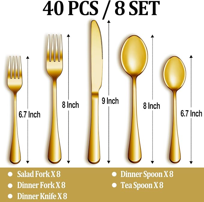 40 Pcs Gold Silverware Set Service for 8, Premium Stainless Steel Flatware Set, Cutlery Utensil Set, Durable Home Kitchen Eating Tableware Set, Include Fork Knife Spoon Set, Dishwasher Safe