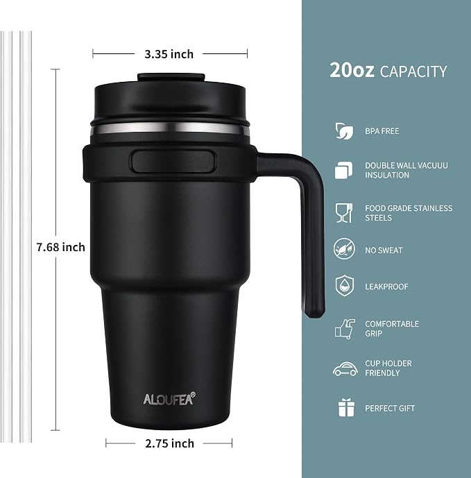 20 oz Insulated Travel Coffee Mug Tumbler with Handle and Straw | Leakproof Stainless Steel Coffee Cup with Lid, Double Wall Vacuum Ice Thermal Cup, Sage