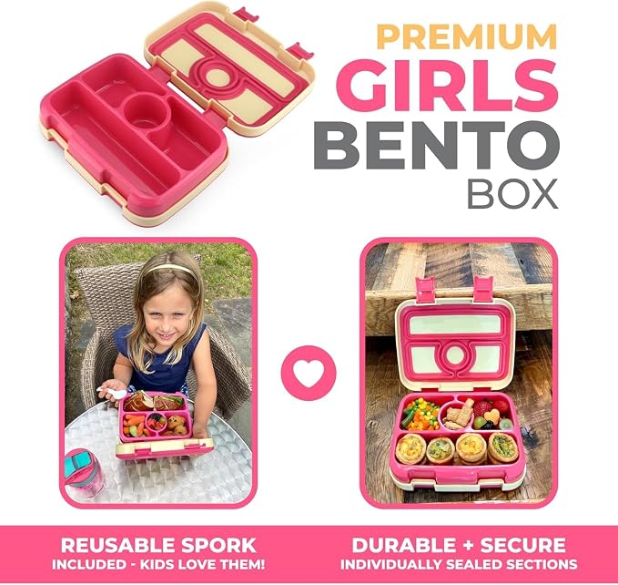 kinsho Bento Lunch Box for Kids Toddlers Girls, 4 Portion Sections Secure Lid, Microwave Safe BPA Free Removable Tray, Pre-School Kid Daycare Lunches Snack Container Ages 3 to 5, Cute Summer