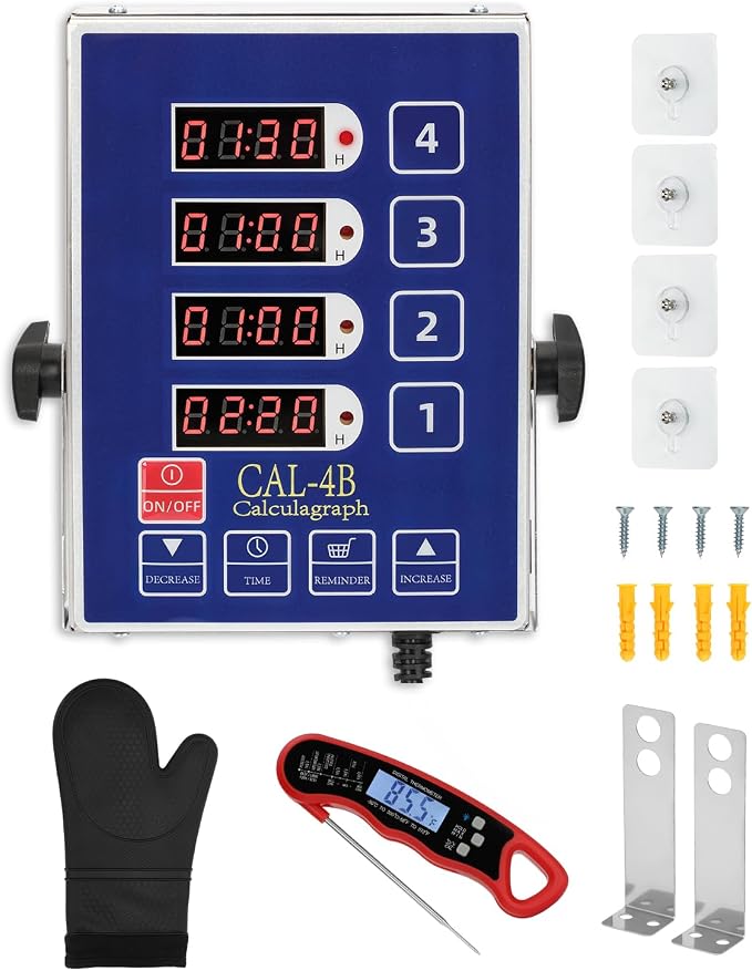 Commercial Kitchen Timer for Cooking, 4 Channel Timer Restaurant Kitchen Supplies, Heavy-Duty Timer - Stainless Steel | Digital LED Technology | Reminder Function | Loud Alarm