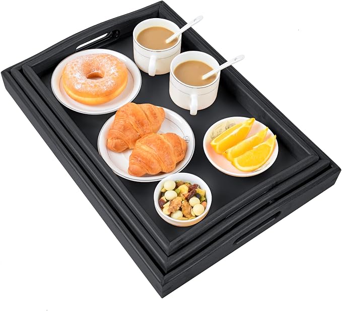 3 Pack Bamboo Serving Trays with Handles, Wooden Food Trays (Black | Bamboo Food Trays, Perfect For Breakfast In Bed, Sofa Dining, Serving Drinks, Snacks, And Everyday Organization