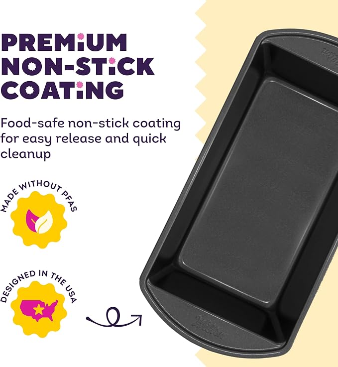 Wilton Gold Non-Stick Loaf Pan, Made Without PFAS, 9 x 5 in. | Non-Stick Steel with Scratch-Resistant Coating, Resists Warping & Extended Handles, Dishwasher Safe, Perfect for Breads