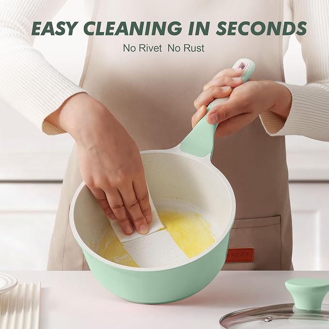 SENSARTE Ceramic Nonstick Saucepan with Lid 1.5 QT, PTFE/PFAS Free, Green | Small Kitchen Cooking Pot with Stay Cool Handle, Induction Compatible, Ceramic Coating