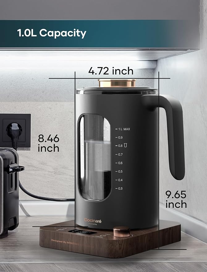INTASTING Electric Kettle, Electric Tea Kettle with Infuser, 1 Liter | ±1℉ Temperature Control, 1200W Fast Heating, BPA-Free Glass, Easy to Clean, Keep-warm, Auto shut-off, Wood