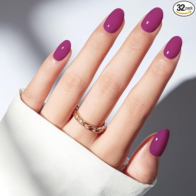 modelones Plum Short Press on Nails, Oval Fake Nails Kit Nails Press Ons | with Nail Glue, Adhesive Tabs, Nail File, Prep Pad, Manicure Stick, 32Pcs 16 Sizes, Summer Women Girl Gift