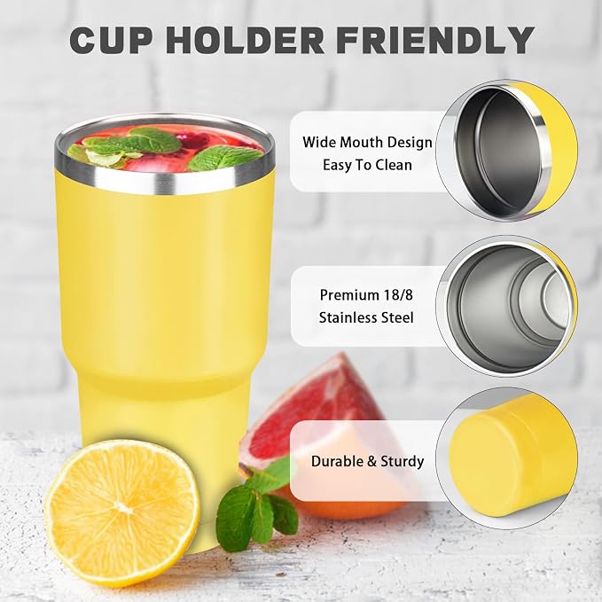30 oz Tumbler with Lids and Straws, Stainless Steel Insulated Coffee Tumbler, Double Wall Vacuum Insulated Travel Mug Cup, Leakproof Thermal Coffee Cup for Hot and Cold Drinks (Yellow)