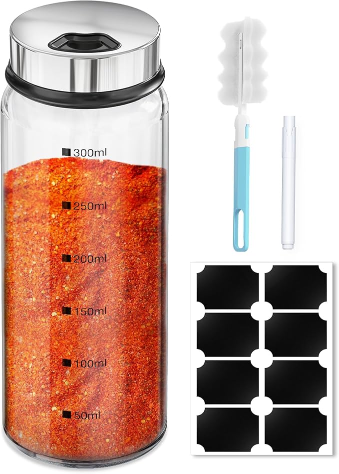 Segarty 10oz Glass Spice Jar with Adjustable Pour Holes Scale Lines, 1 Pack Empty Seasoning Bottle with Shaker Lid for Pepper Sugar, Large Spices Container with 8 Stickers, 1 Brush and 1 Chalk Marker