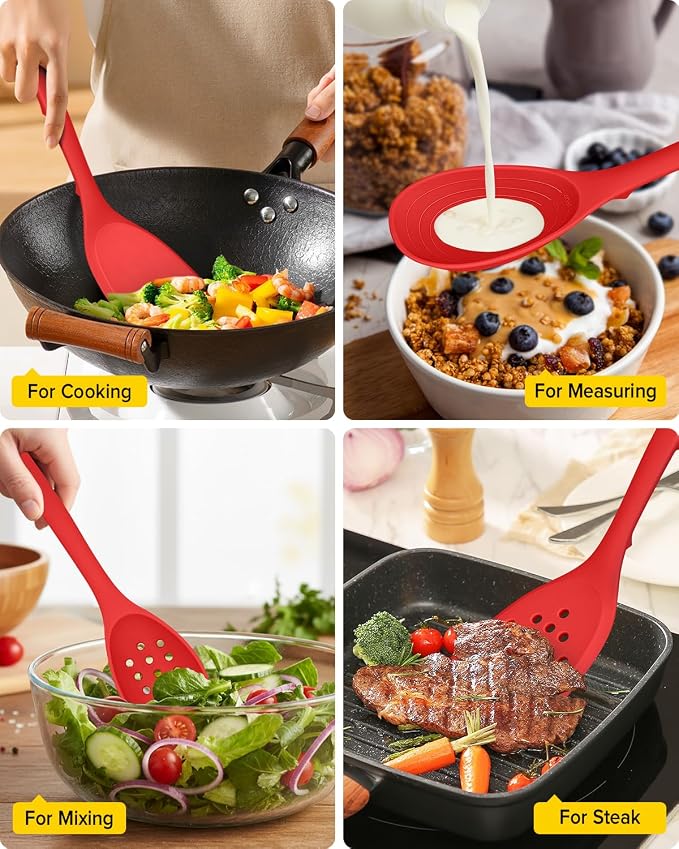 Pack of 4 Silicone Cooking Utensils Set, Non Stick Solid Spatulas and Heat Resistant Slotted Spoons with Back Hooks, Ideal BPA Free Kitchen Utensils Set for Frying,Serving,Turning,Stirring (RED)