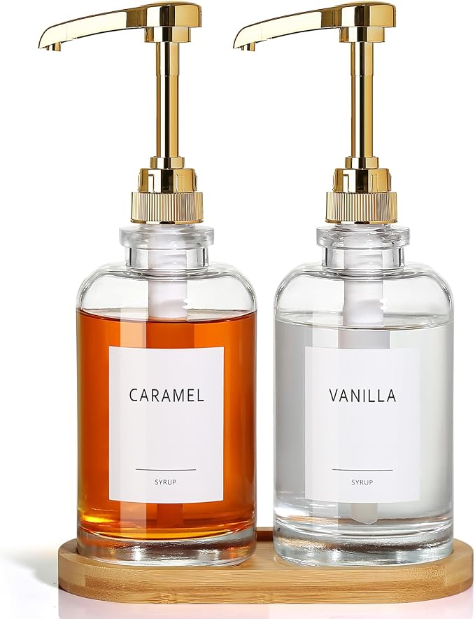 Coffee Syrup Dispenser, Glass Syrup Pump Dispenser for Coffee Bar Accessories, Maple Syrup Bottles with Tray, Simple Syrup Bottles with 1/4oz Large Capacity Gold Pump, 2 Pack 16.9 Fl oz