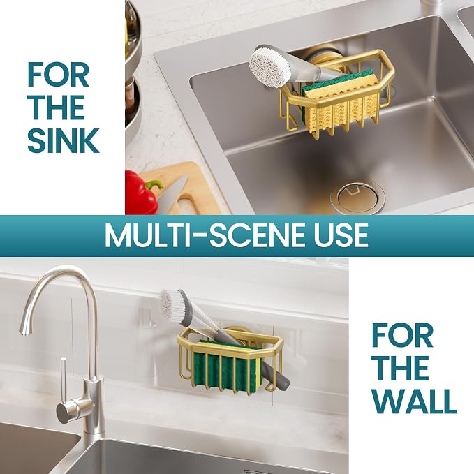 TAILI Sponge Holder for Kitchen Sink with Strong Suction Cup Removable, Rustproof Aluminum Sink Caddy for Sponge, Brush, Scrubber, Scraper -Gold | for Kitchen Sink Organizer, Removable Sponge Caddy Inside Sink, Rustproof Aluminum Holder for Sponges, Br...