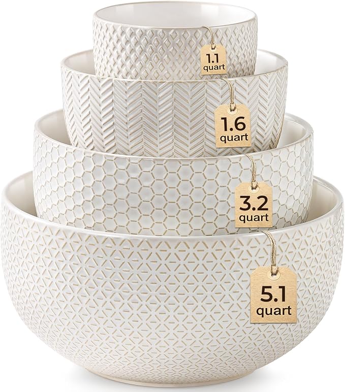 Ceramic Mixing Bowls Set of 4, Nesting Bowls for Kitchen | Large Embossed Serving Bowls for Mixing, Prep, Baking, Salad, Soup & Pasta, Microwave Dishwasher Safe