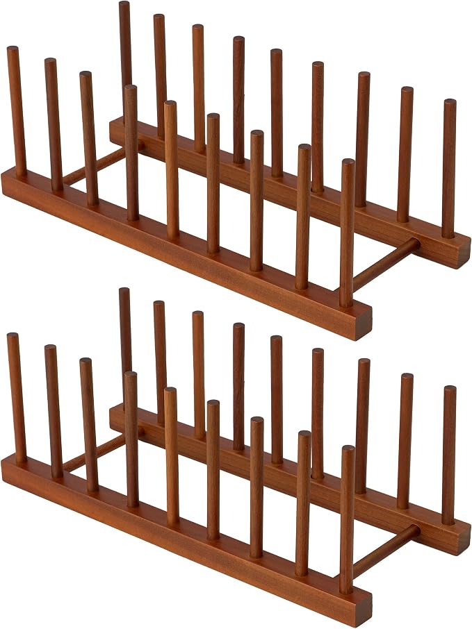 HBlife 2 Packs Teak Wooden Dish Drying Rack Kitchen Storage Plate Organizer | 8 Slots, Vertical Dish Racks for Cabinet Countertop & Wall, Plate Pot Lid Cutting Board Holder, Bowl Cup Drainer, Keep Dry