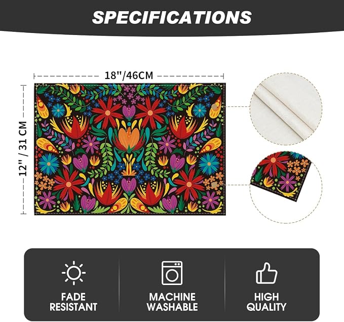 Artoid Mode Mexican Cinco De Mayo Placemats for Dining Table, 12 x 18 Inch Floral Fiesta Dia De Los Muertos Decoration Washable Table Mats Set of 4