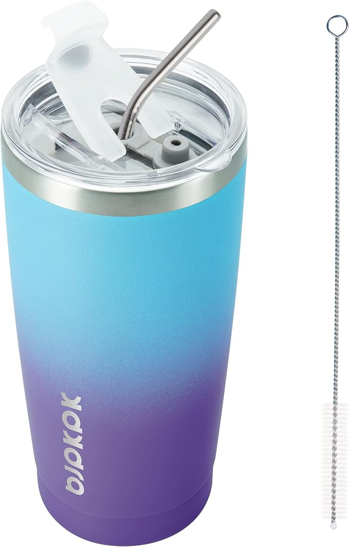 BJPKPK 20oz Coffee Tumbler with Lid & Straw, Insulated Stainless Steel Mug | Double Wall Vacuum, Keeps Hot/Cold, BPA Free, Leak Proof, Iced Coffee Cup Fit Car Holder, Travel & Beach, Ocean Dream
