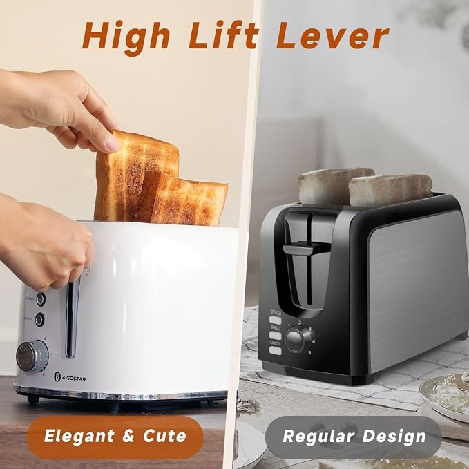 Aigostar Retro 2 Slice Toaster, Stainless Steel, White | 1.6 Inch Extra Wide Slots, Bagel Function, Cancel & Defrost, 6 Shade Settings, Removable Crumb Tray