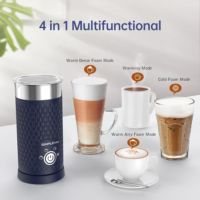 SIMPLETASTE Milk Frother, 4-in-1 Electric Automatic Milk Steamer, Blue | Warm and Cold Foam Maker and Milk Warmer for Latte, Macchiato, Cappuccino, Hot Chocolate