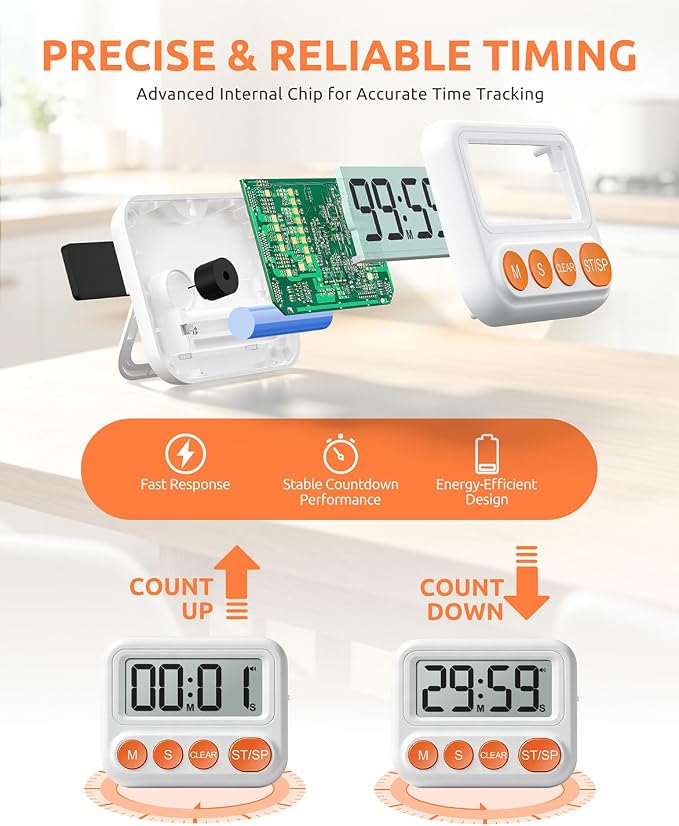 Digital Kitchen Timer, Magnetic Countdown Timer with Large LCD Display | Loud, Low & Silent Alarm Modes,Count Up & Countdown,Strong Magnet,Foldable Stand,Hole for Cooking, Study & Daily Tasks