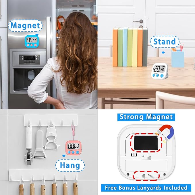 Lasubst Digital Kitchen Timers, Classroom Timers for Kids Teachers, 3WH 3BK | Back to School Supplies Bulk, Classroom Must Haves, Min/Sec Count Up/Down, Magnetic Back, Loud Alarm, Lanyards Included