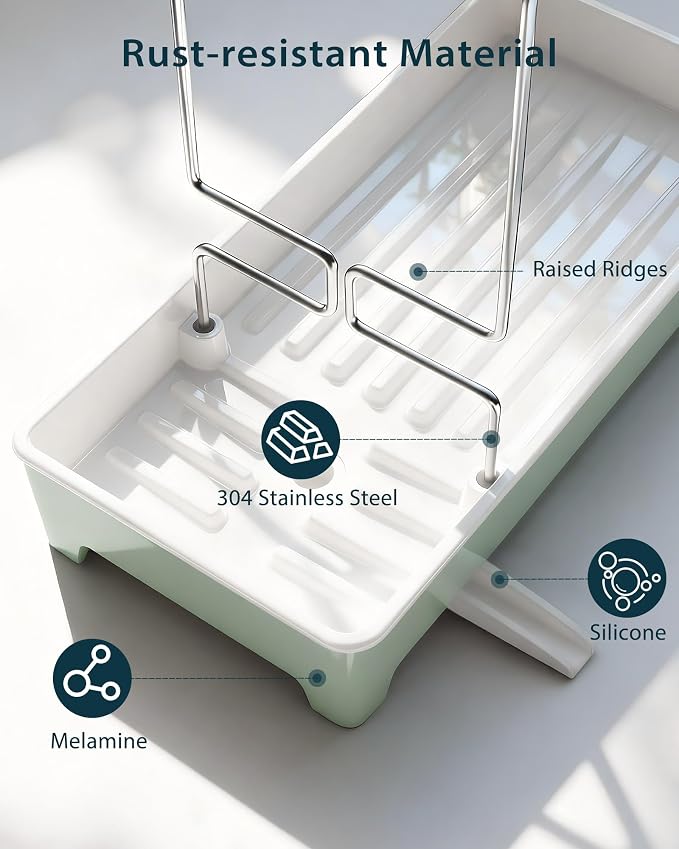 Minimalist Sink Caddy, Rustproof Sponge Holder for Kitchen Sink Green | Large Rustproof countertop organizer with 304 stainless steel brush holder, raised ridges and silicone drain tube