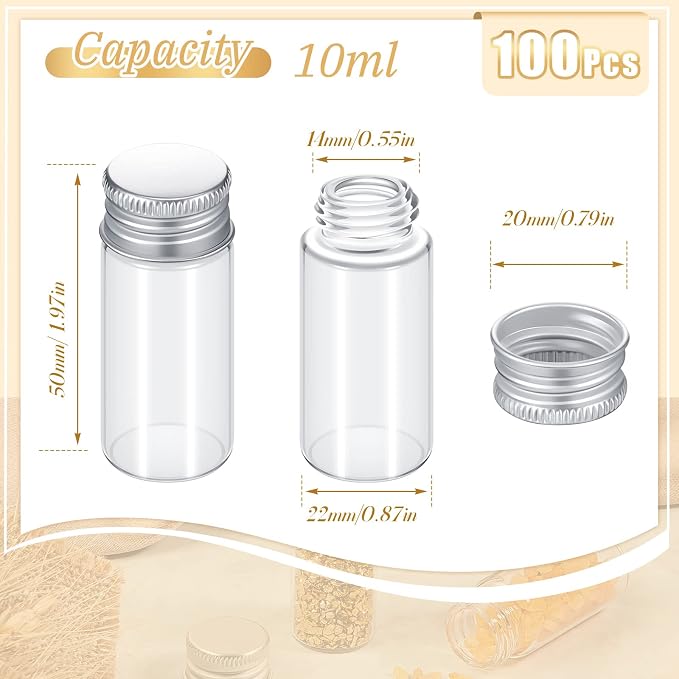 Didaey 100 Pcs Small Clear Vials Spice Mini Jars with Lids Mini Glass Bottles with Screw Aluminum Metal Caps Tiny Jars Sample Containers for Powder Cream Cosmetic Jewelry Wedding (10 ml,Silver Caps)