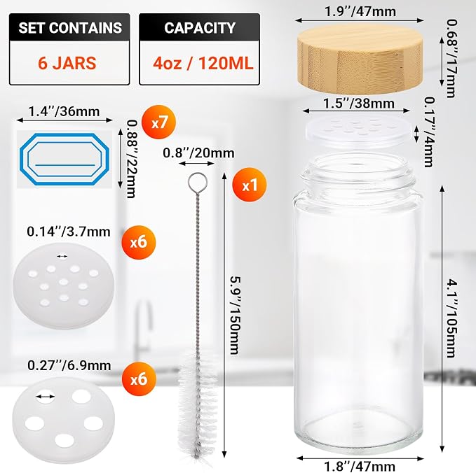 Segarty 4oz Spice Jars with Bamboo Shaker Lids, 6 PCS 120ml Round Condiment Containers, Empty Glass Seasoning Organizers Spices Cereal Storage Set, Salt and Pepper Shakers with 7 Stickers and 1 Brush