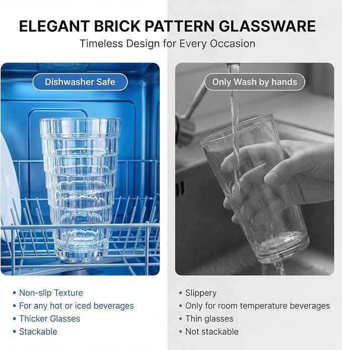 Mapoxy 15 oz Highball Glasses 6 Pack, Vintage Brick-Shaped Glasses | Drinking Cups for Whiskey Cocktail Beer Juice & Mixed Drinks, Stackable Tumblers for Kitchen Bar Party, Durable Glassware Set