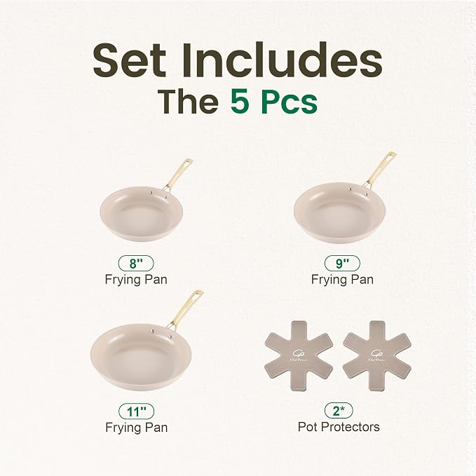 Ceramic Frying Pan with Stainless Steel Handle 5Pcs Set, Non Stick Grill Pan Set, Dishwasher and Oven Safe, Taupe and Light Gold Handle