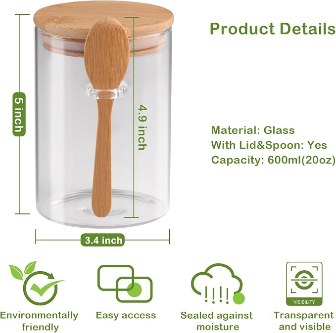 Set of 3 Airtight Glass Jars with Bamboo Lids and Spoons - 20oz Decorative and Durable Borosilicate Glass Canisters Perfect for Storing Coffee Beans,Tea,Flour,Sugar,Nuts,Candy,Bath Salts and More