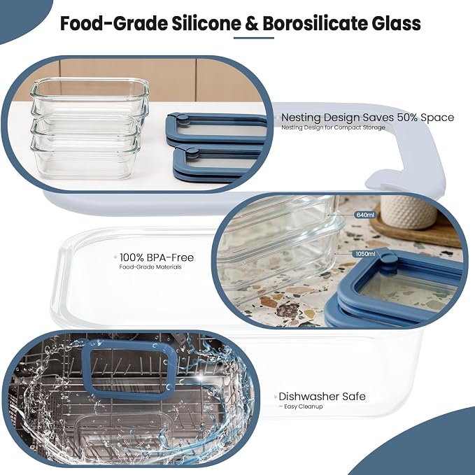 Taree Glass Food Storage Containers with Glass Silicone Lids,22/35oz, Blue | Meal prep,office lunches&eftover storage,borosilicate glass,microwave safe reheating with steam vent,BPA free,dishwasher safe