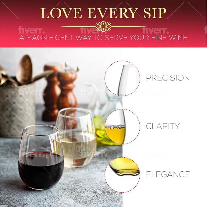 Royalty Art European Stemless Wine Glasses, 4-Piece Set, Clear | Elegant hosting glassware, modern heavy-duty glass crystal, dishwasher safe