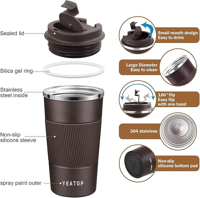 Insulated Travel Coffee Mug 16 oz, Spill Proof Coffee Mug To Go, Leakproof Stainless Steel Coffee Tumblers Reusable Thermal Coffee Cup with Lid for Hot & Cold Drinks (Brown, 510ml)