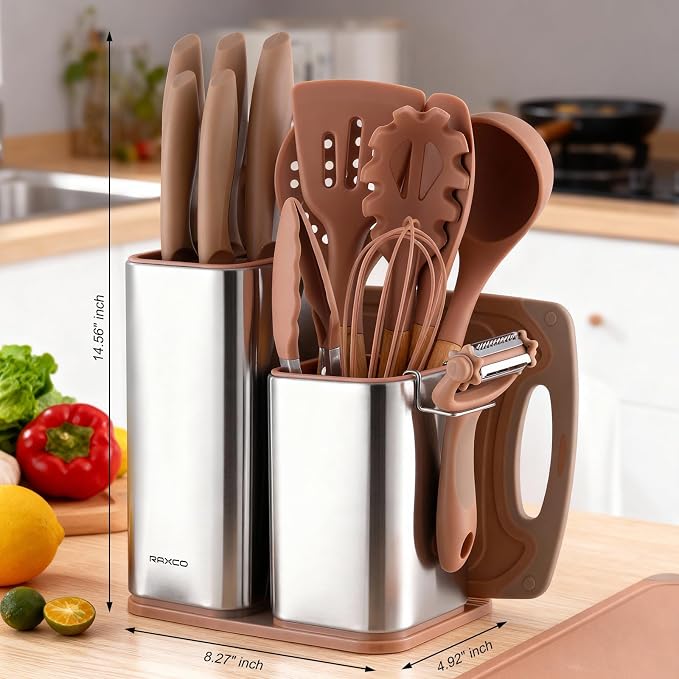 Utensil Sets,18-Piece Silicone Cooking Utensils and Knife Set,Mousse | Dishwasher-Safe Kitchen Utensils,Large Capacity Countertop Organizer for Knives,Utensils,Cutting Board
