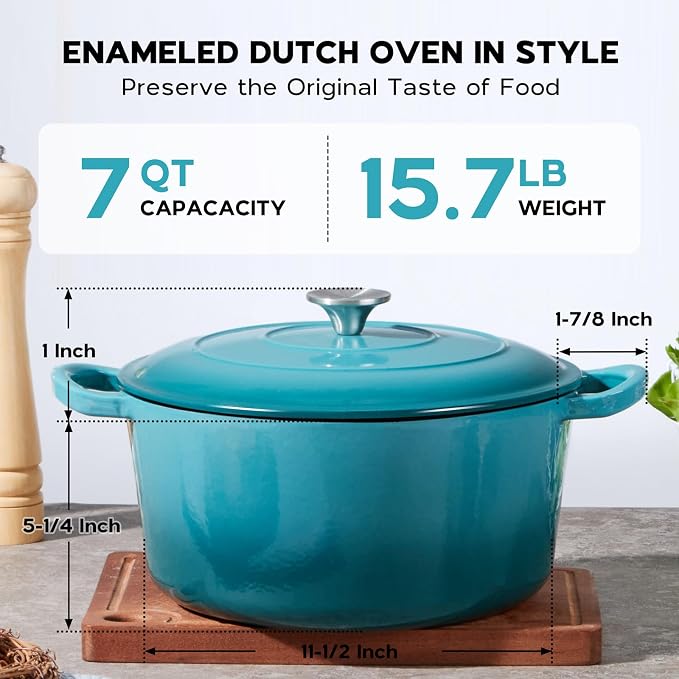 Onader 7QT Dutch Oven Pot with Lid, Cast Iron Large Pot for Bread Baking, Round Dutch Oven, Enameled Heavy Duty Cookware - Dark Cyan