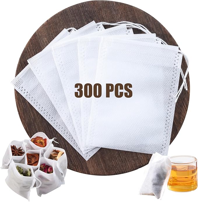 300 PCS Disposable Tea Bags for Loose Leaf Tea, Empty Tea Bags | 3.54" x 2.75" Food-Grade Drawstring Tea Filter Sachets, Safe for Hot Water Brewing, for Loose Tea, Coffee, Herbs & Spices