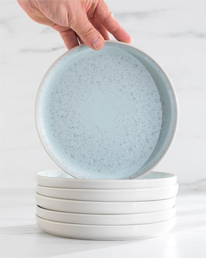 32 Piece Stoneware Dinnerware Set for 8 - Handmade Reactive Glaze Plates and Bowls Set - Chip & Scratch Resistant Dish Set - Dishwasher Microwave Safe - Light Beige & Blue