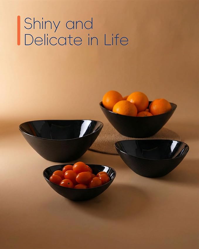 Oval Serving Bowls Set of 4, 15/20/43/66 OZ Black Opal Glass | Lightweight nesting bowls with microwave & dishwasher safe design, ideal for mixing, salad, fruit, pasta, dessert, meal prep